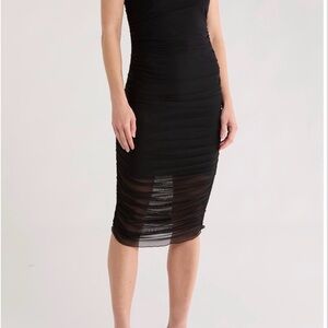 🏷️Bebe NWT Elegant and Edgy Black Ruched Mesh Midi Dress Size Medium | Bodycon